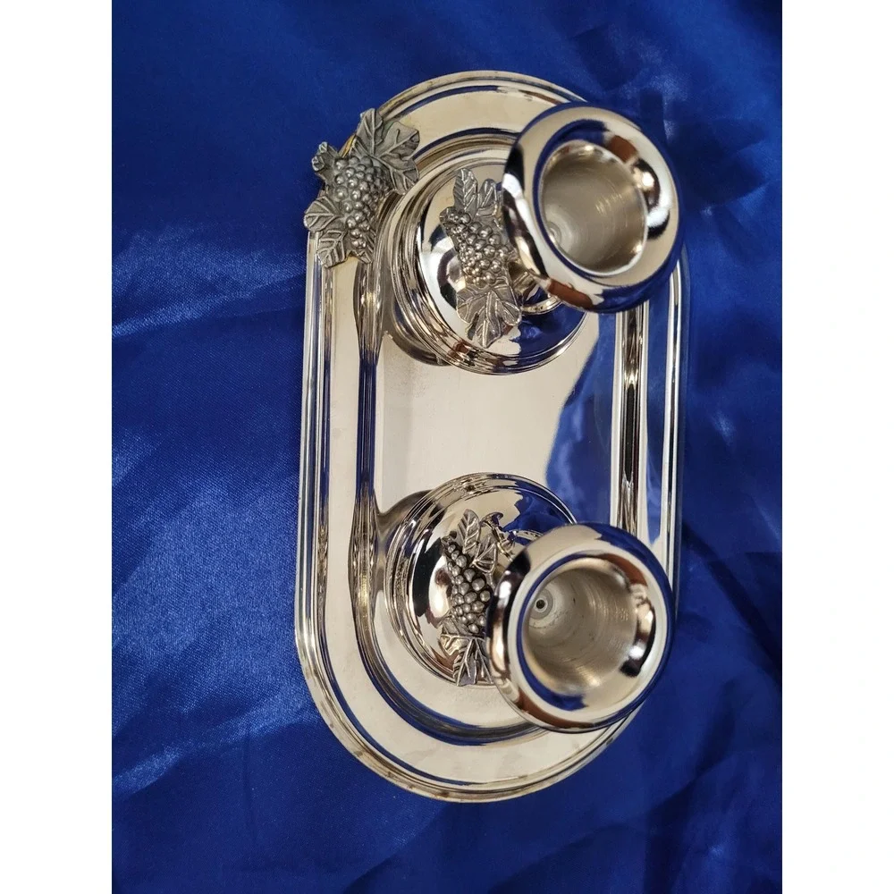 Silverplated Metal Candlestick Holders Grape Leaf Oval Tray Studio Silversmiths